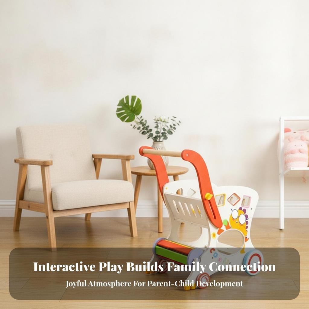 Wooden Infant Pusher Cart Cutout Openings Push Stacking Rings Play for Young