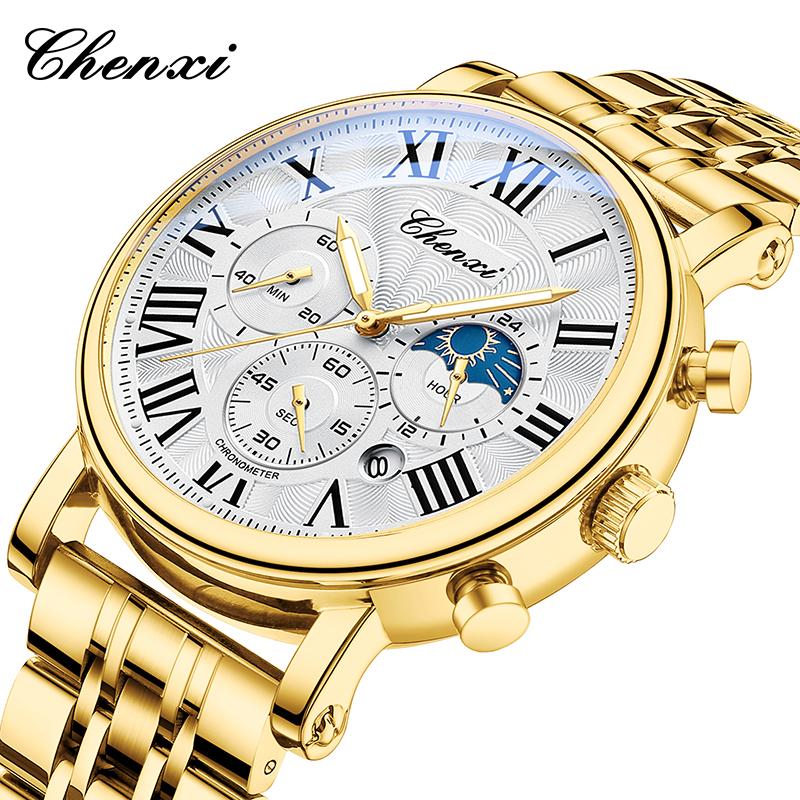 Business Gold Quartz Watches For Men Chronograph Calendar Man Watch Fashion Moon Phase Waterproof Men's Wristwatches