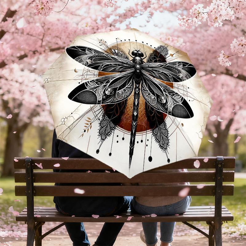 1 szt. Parasol z motywem ważki, automatycznie otwierany/zamykany, wiatroodporny, 8-żebrowy, wytrzymały czasza, trwałe żebra, modny design, akcesorium zewnętrzne, zabawny nadruk