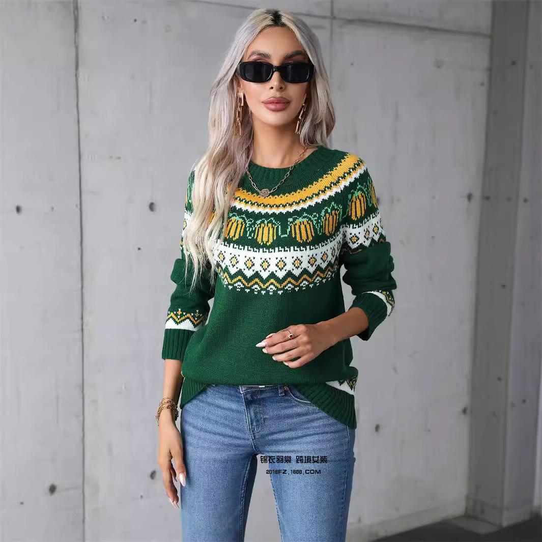 

Осенне-зимний женский свитер, рождественский пуловер, свитер с круглым вырезом, праздничный трикотаж с длинным рукавом XL зелёный