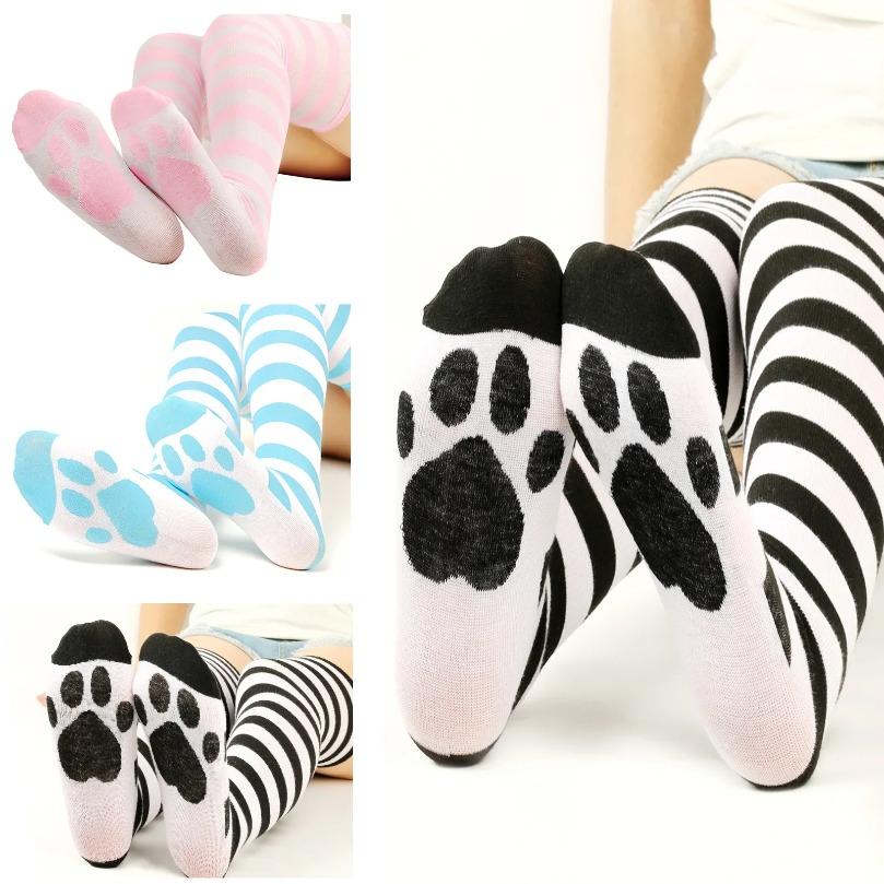 Über dem Knie Socken Damen Gestreift Oberschenkelhohe Strümpfe Katzenpfote Damen Mädchen Schwarz Weiß Rosa Lang Cosplay Lolita Harajuku Y2K