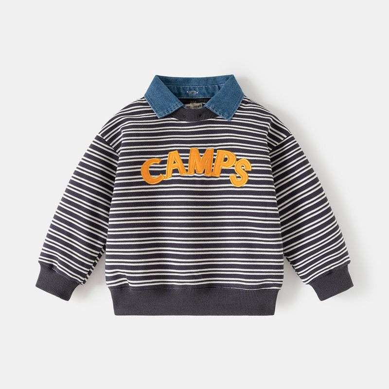 Boys' Fake Two Pieces Hoodie Spring and Autumn Children's Clothing Children's Detachable Denim Collar Top Baby Boys' Lapel Pullover