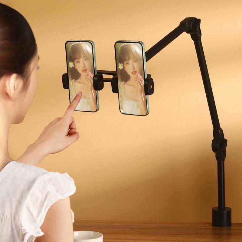 Dual Phone Desktop Mount With Adjustable Height Rotation Extension Video Recording Streaming Vlogging