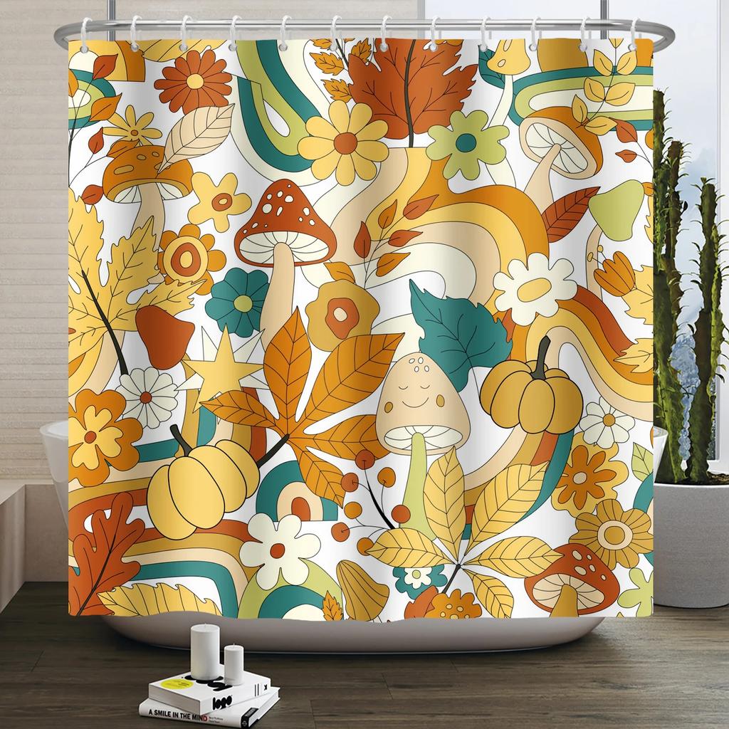 Tenda da doccia arcobaleno vintage anni '70 senza cornice, Fungo Luna Hippie Fiore Sole Luna Farfalla Botanico Vintage, Arredamento Bagno