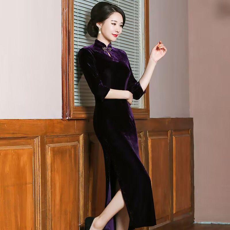 Gold Velvet Cheongsam New Improved Spring Autumn Temperament Wedding Banquet Dress