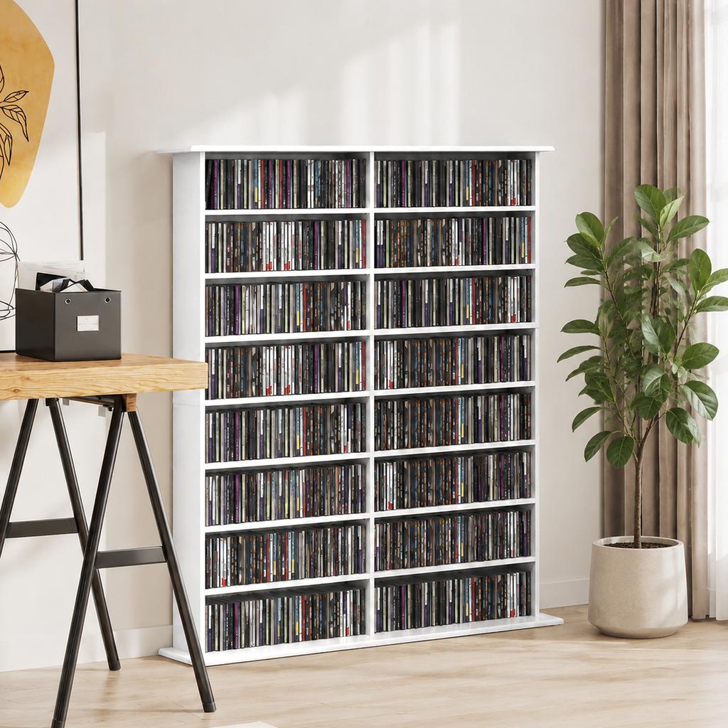 Media Shelf 8 Levels DVD Shelf With 12 Adjustable Shelves 16 Compartments For 720 CDs White