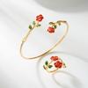 Vintage Charm Camellia Rose Flower Bracelet Ring Set For Women Gold Color Open Adjustable Cuff Bangle Ring Party Wedding Jewelry