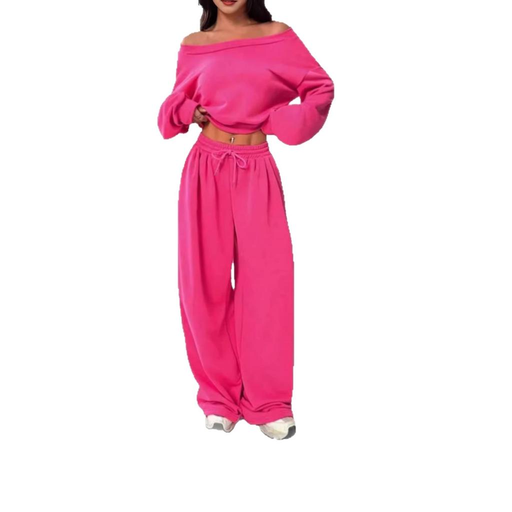 Spot European beautiful women long-sleeved top trousers set new navel casual fashion set