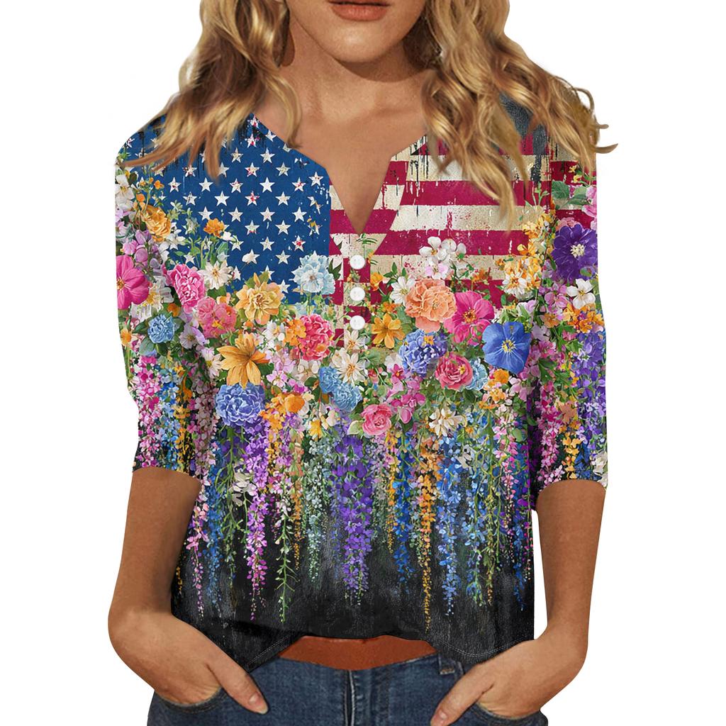 Women Casual V Neck Button Three Quarter Sleeve Top Floral Print Lightweight Loose Fit Blouse for Summer Autumn