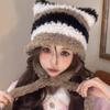 Handmade Japan Designer Pentagram Wool Beanie Hat Ladies Autumn Spring Warm Cat Ear Knit Stripe Beanie Cap with Pompom