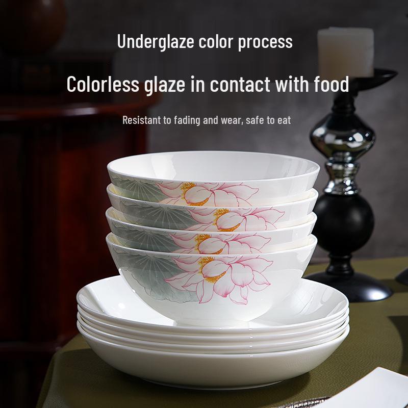 Underglaze Color Bone China Rice Bowls and Plates Set