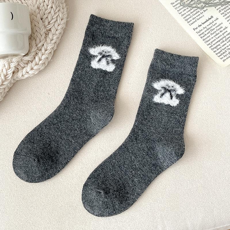 Wool Socks - Women's Warm and Thick Mid-calf Socks with Cartoon Dog and Bow Tie Design, In Gray Color, Suitable for All Occasions and Versatile.