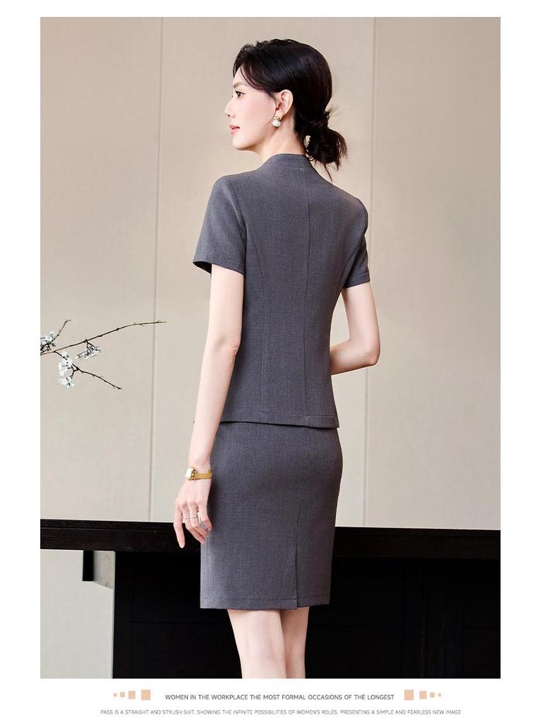 Women's Blue Short-Sleeve Professional Suit Set for Hotel Manager or Receptionist - Spring/Summer Formal Workwear