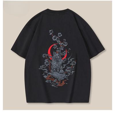 Verão China-Chic Heavy Industry Bordado Masculino Gola Redonda Solto Grande Algodão Manga Curta Camisetas Masculinas