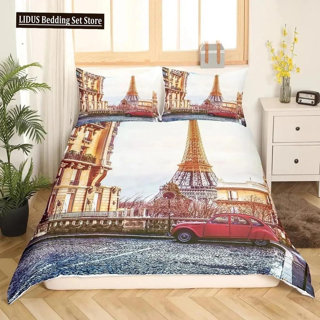 Comforter Valentine Day King Queen Paris Eiffel Tower Bedding Set Pink Watercolor Tulips Flowers Balloon Polyester