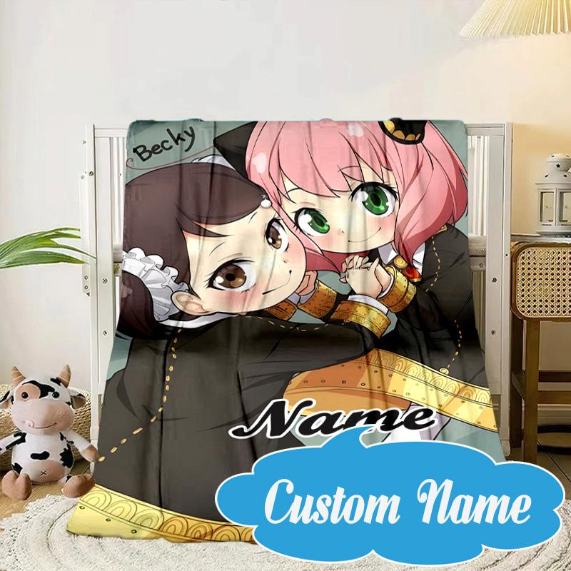Custom Name Pink Hair Anime Anya Blanket Bed Sofa Blanket Flannel Blanket for Camping, Hiking, Picnic Essentials,gift for Fan Family