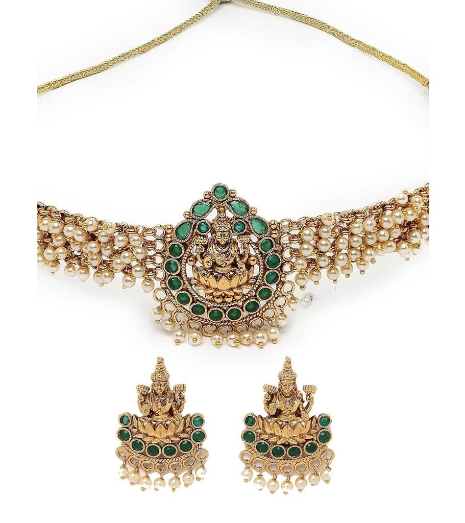 Sparkling Indian Temple Gold Plated Green Beads Choker Necklace Set With Studs Earring | Jewellery Set For Women