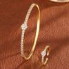 Elegant Four-Leaf Clover Zirconia Bracelet Ring Set Women Open Design Gold/White Gold Plated Copper Jewelry
