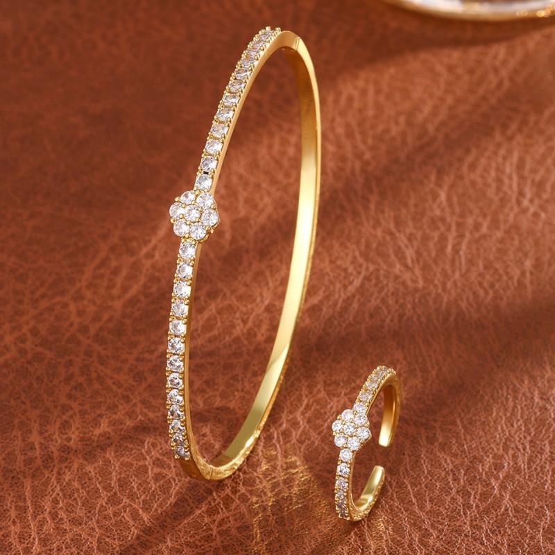 Elegant Four-Leaf Clover Zirconia Bracelet Ring Set Women Open Design Gold/White Gold Plated Copper Jewelry