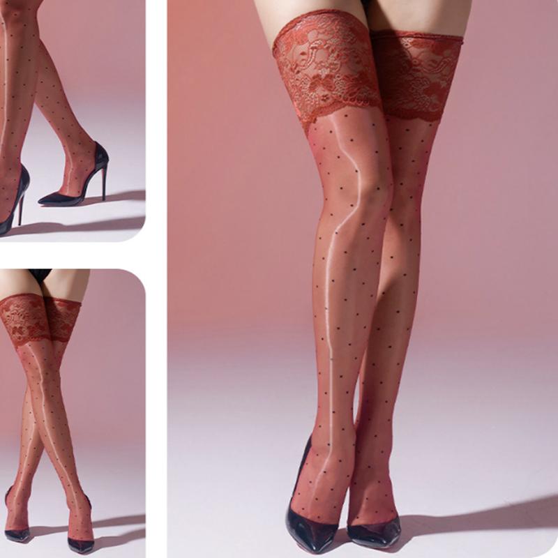 Sexy Ultra Thin Transparent Medias Women Sexy Oil Shiny Lace Top Silicone Hold Up Thigh High Stockings Dots Pole Dance Socks