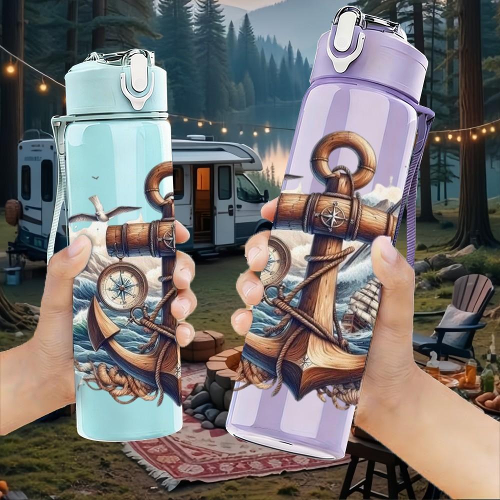 1PC Anchor Rose Nautical Pattern 750ml Color Plastic Sports Water Bottle Leakproof Flip Straw Lid Suitable for Sports Office Home Use