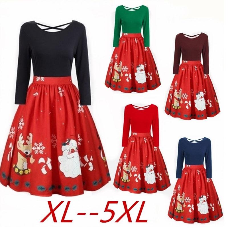 Elegant Womens Fashion Long Sleeve Plus Size Christmas Print Criss Cross Party Dress