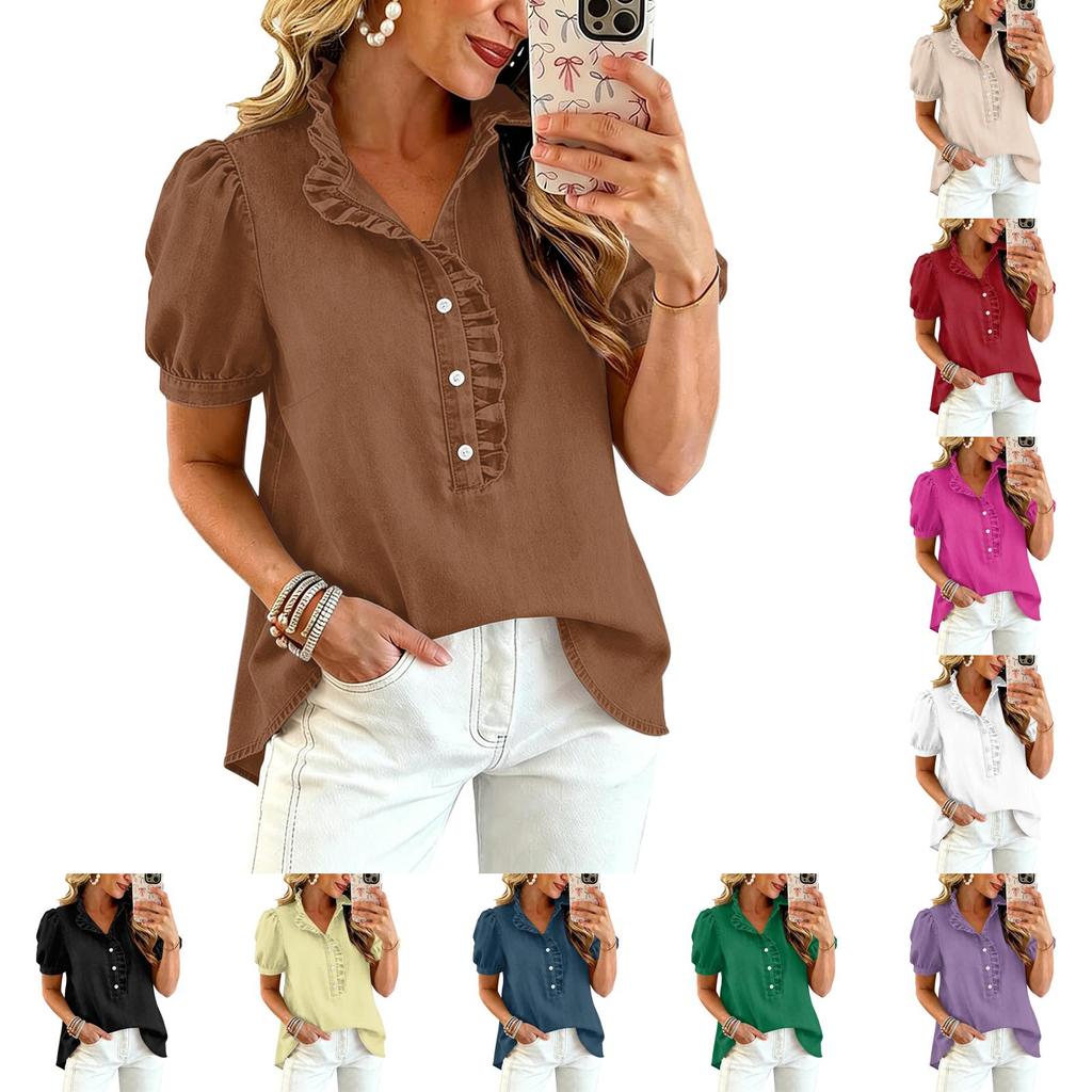 Women Ruffle V Neck Blouse Short Sleeve Casual Loose Fit Solid Top with Button Front and Puff Sleeves for Daily Wear