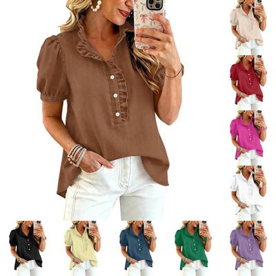 Women Ruffle V Neck Blouse Short Sleeve Casual Loose Fit Solid Top with Button Front and Puff Sleeves for Daily Wear