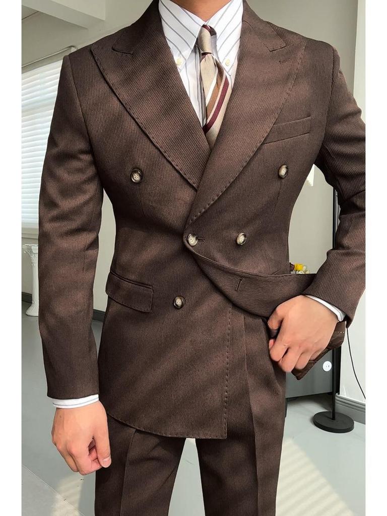 Ruishen Double-Breasted Peak Lapel Suit Set - Solid Color for Business, Wedding, or Banquet