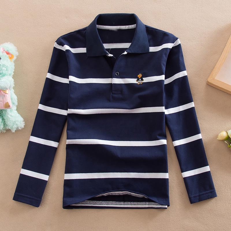 Boys' Korean Style Striped Long-Sleeve Polo Shirt with Turn-Down Collar (Sizes 100-170 cm) - Autumn & Spring Wear