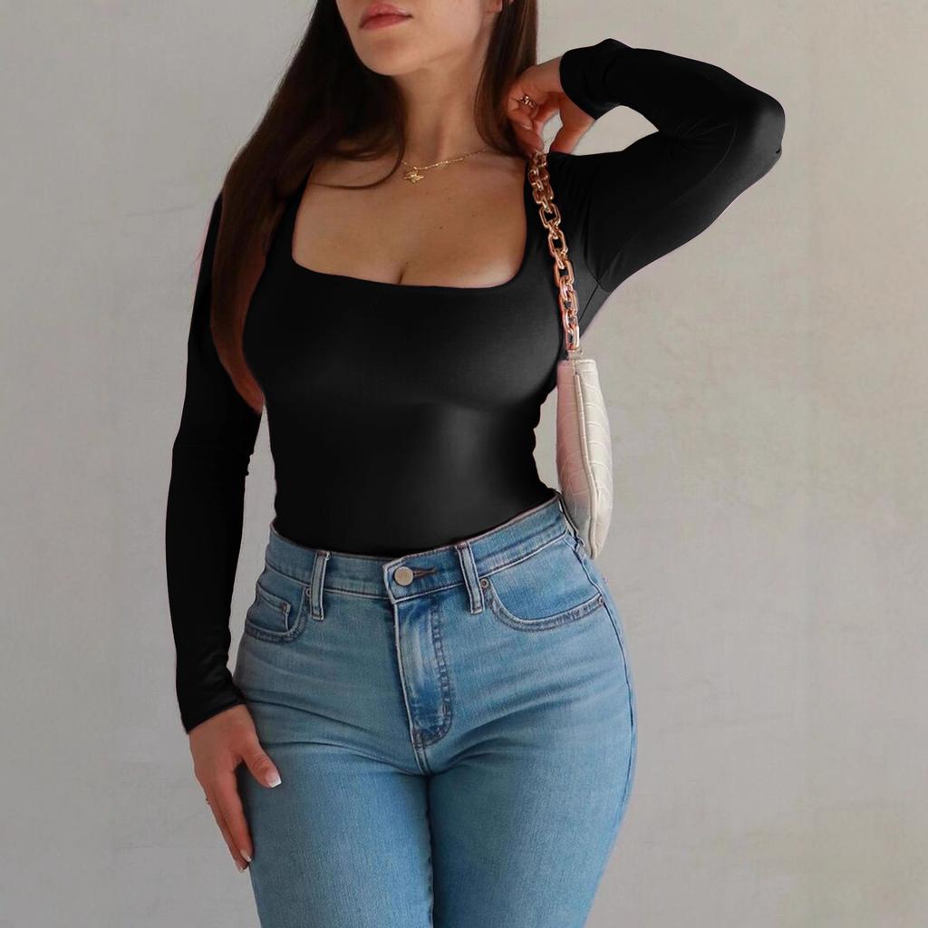T-shirt Top Sexy a Maniche Lunghe Color Solido Stile Hot Girl per Donne Autunno e Inverno 2025