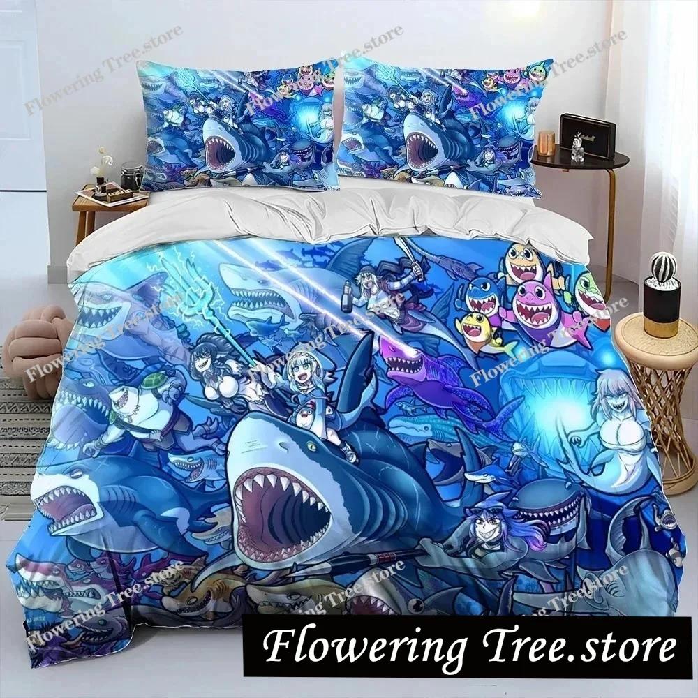 Cute Gawr Gura Hololive Anime Shark Comforter Bedding Set,Duvet Cover Bed Set Quilt Cover Pillowcase,king Queen Size Bedding New