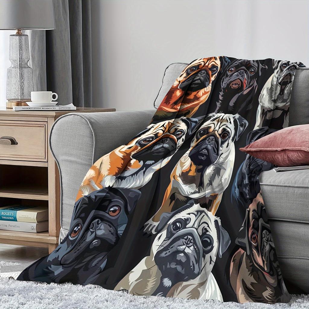 1pc Stitching Pug Dog Blanket Soft Flannel Sofa Blanket TV Show Blanket Warm Skin-friendly Office Nap Throw Blanket, Sofa Bed