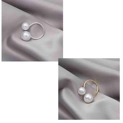 Baroque Style Open Ring with Two Different Sized Pearls Adjustable Band Minimalist Design Fashion Jewelry Accessory for Everyday Wear