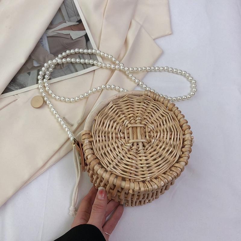 Rattan Bag Female Summer Straw Bag Cute Pearl Chain Shoulder Bag Braided Small Round Bag