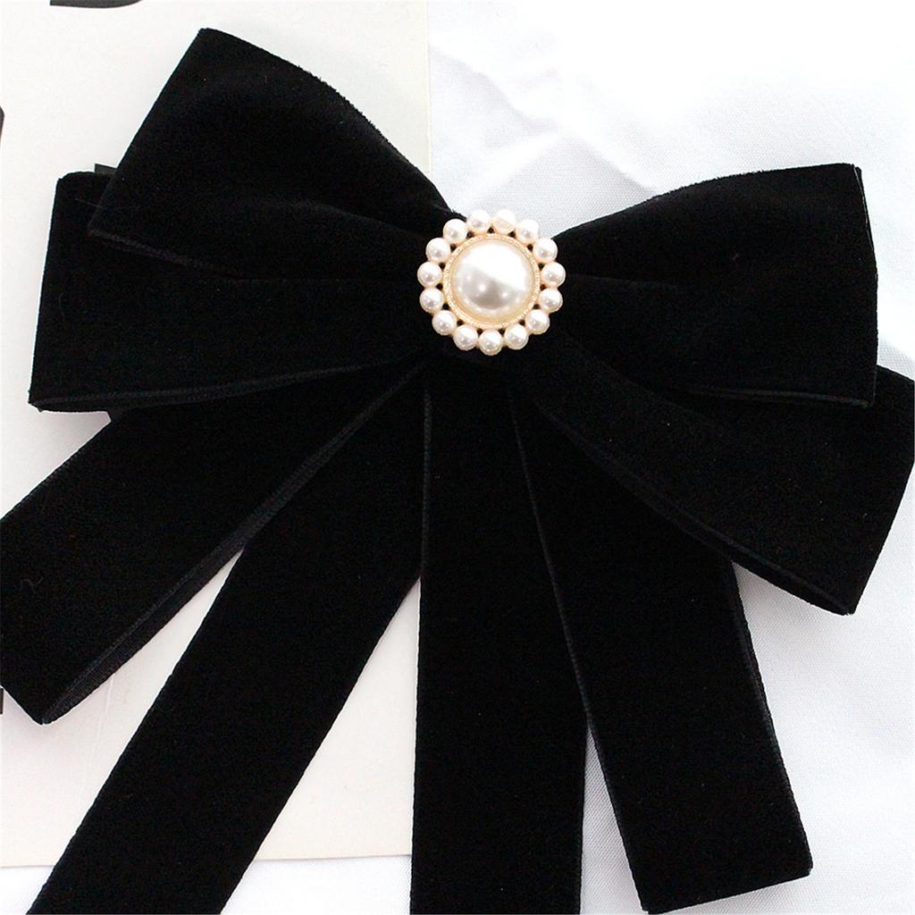 Elegant Women's Velvets Bows Tie Brooch Pin Pre Tied Bowknot Necktie with Rhinestones and Pearls Decors for Formal Event