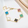 18K Gold Titanium Steel Four-Leaf Clover Double-Sided Bracelet with Five-Color Flowers.