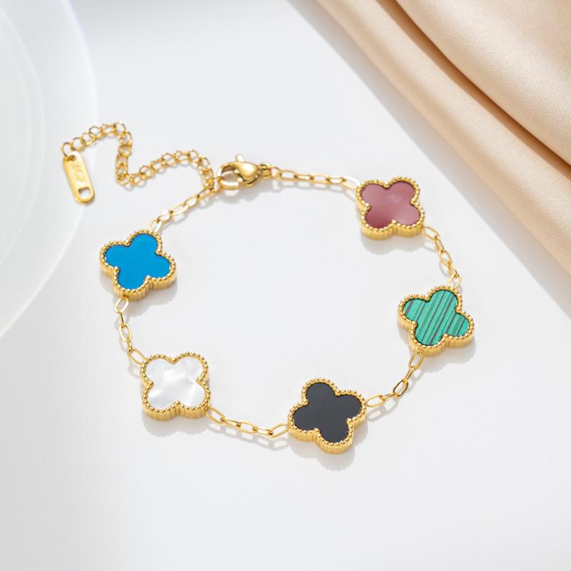 18K Gold Titanium Steel Four-Leaf Clover Double-Sided Bracelet with Five-Color Flowers.