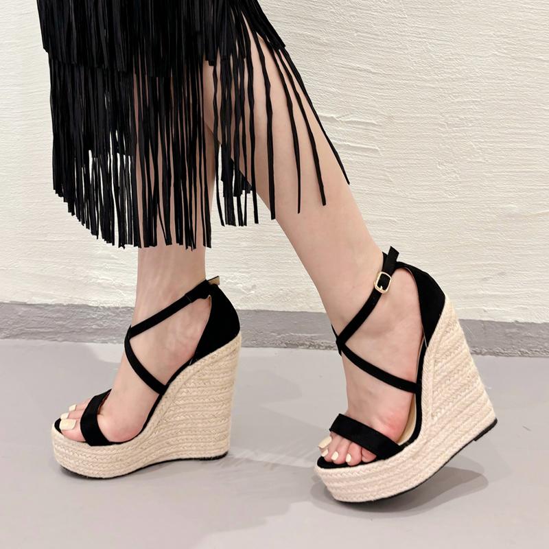 Mode Eilyken Neue Mode Offene Zehenplattform-Keilabsatzsandalen für Damen Prägnanter Schnallenriemen Hohe Absätze Partykleid Gladiator-Schuhe
