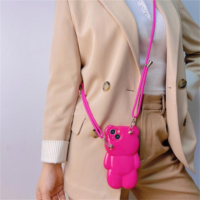 Korean Cute 3d Pink Bear Crossbody Lanyard Telefonveske For Iphone 14 13 12 11 Pro Xs Max X Xr Cartoon Støtsikkert mykt deksel Funda