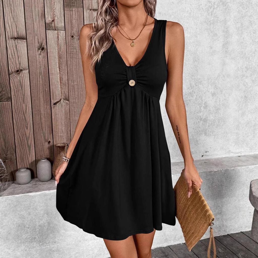 2026 Women's Short Sleeve V-Neck Button Dress - Solid Color Spring/Summer Collection