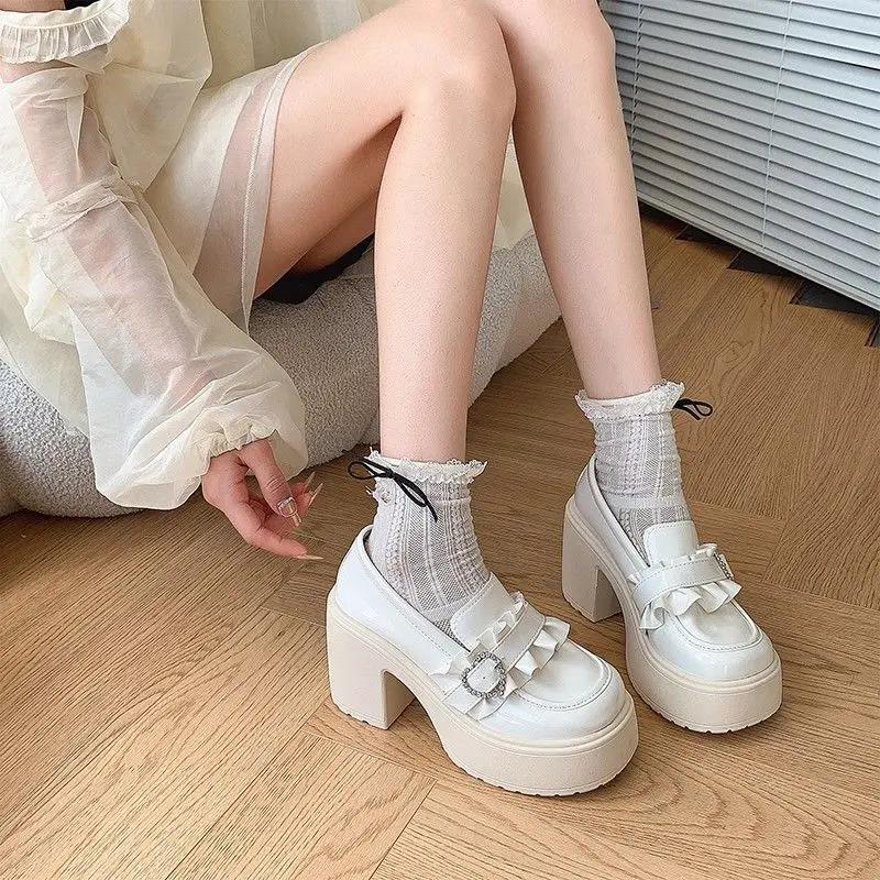 Loafers Block Heel Japanese Style Lolita on Heeled Pumps Mary Jane Round Toe High Heels Shoes for Women Chunky Woman Gothic Slip