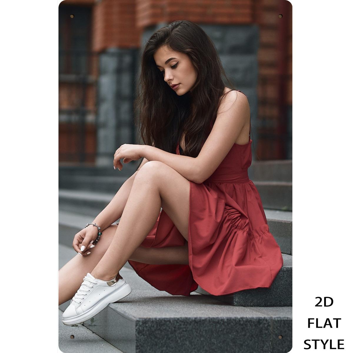 

HD Metal Tin Sign Fashion Model in Red Slip Dress White Sneakers Urban Street Portrait Wall Art Decor 20x30cm（7.8x11.8inch）