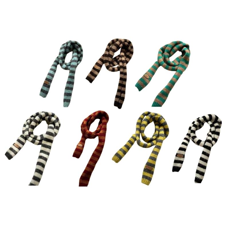 Striped Knit Scarf Unisex Winter Accessory Soft Polyester Fashionable Narrow Long Neck Scarf For Men And Women