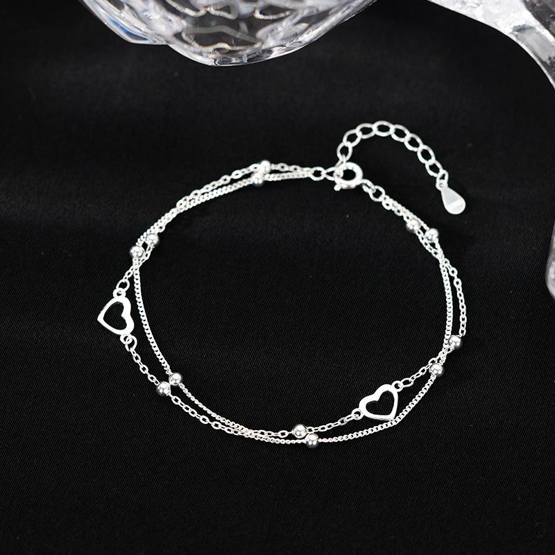 S925 Sterling Silver Double-layer Heart-shaped Bracelet for Women's Ins Summer, Fresh, Simple, Cute and Sweet Heart-shaped Best