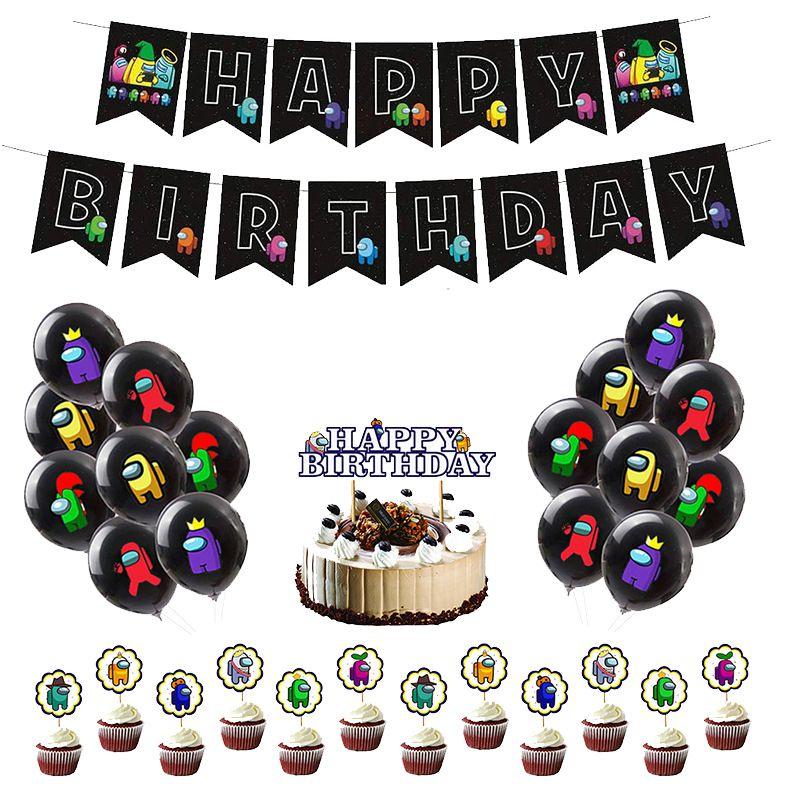 Party Theme Birthday Decor Suit Supplies Set Balloon Banner Cake Topper