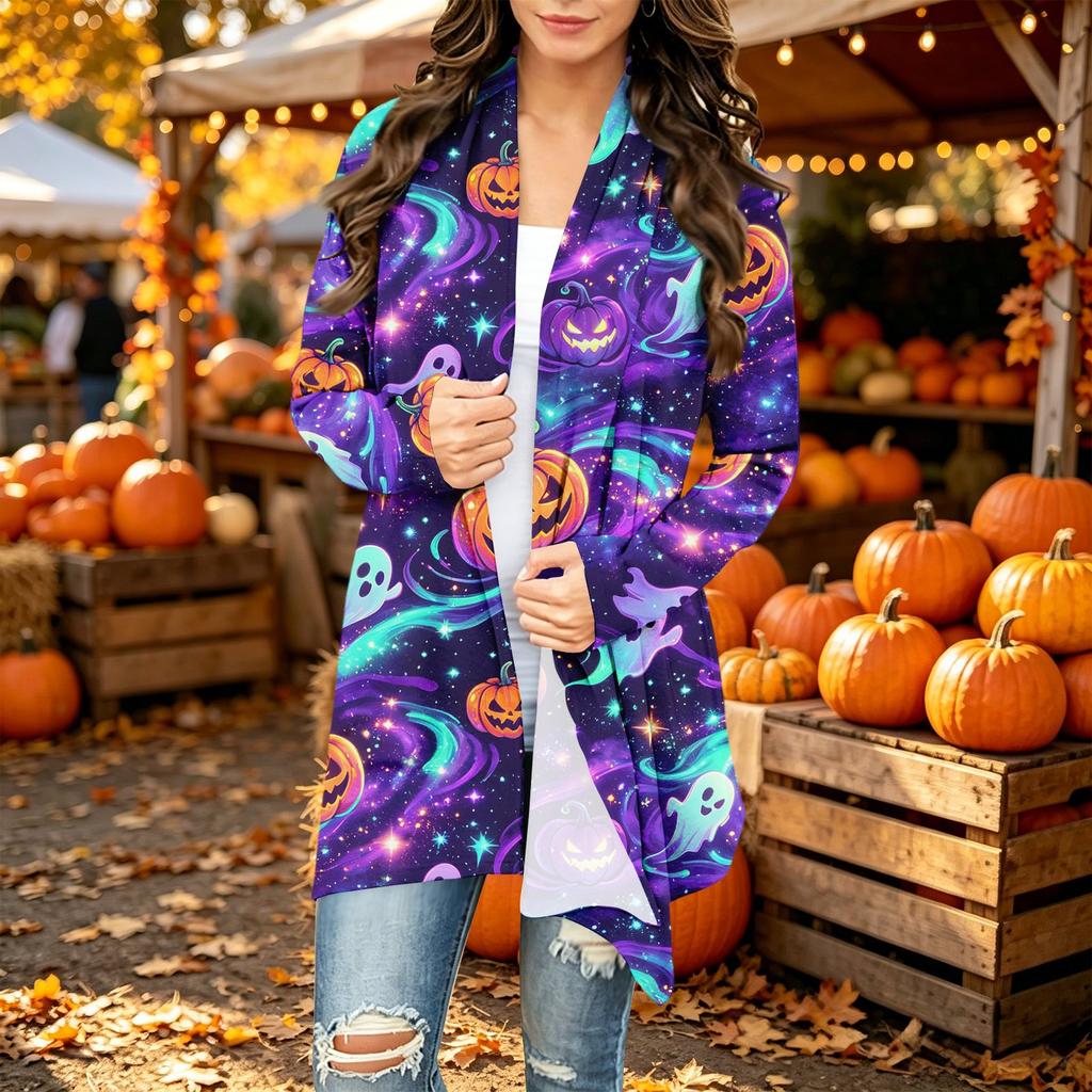 Damen Trendy Halloween-Print Langarm-Strickjacke Pullover für Lässige Herbstmode