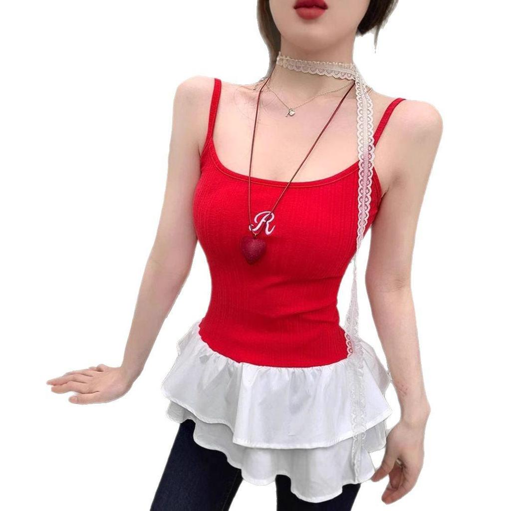 Women's Summer Slim Fit Red Knit Lace Camisole Tank Top, Ballet-Style Embroidered Design, Wearable As Outerwear.