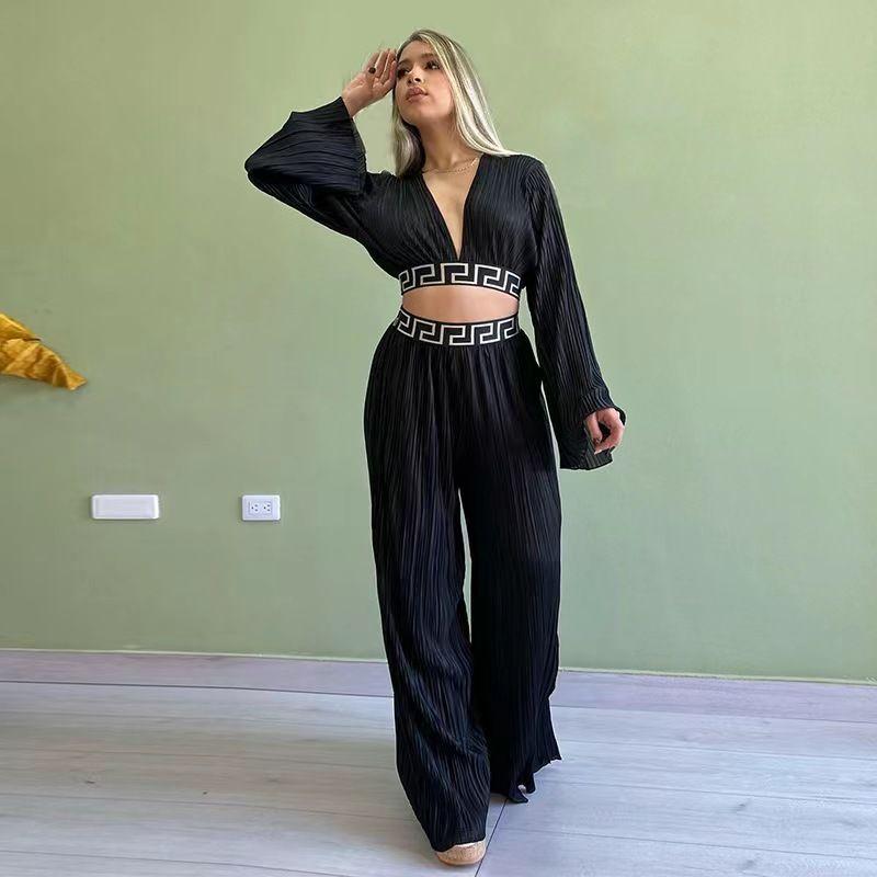 

Fashion Short V-neck Bell Sleeve Tops Loose Pants Suit V-Neck Top Wide Leg Pants Set Black XXL