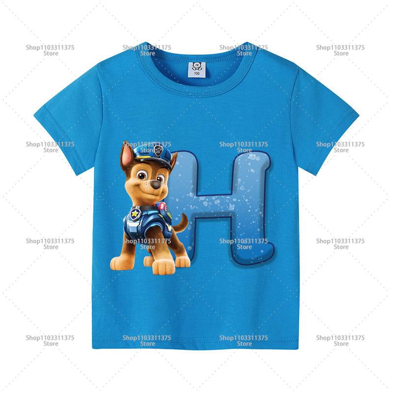 Cute PAW Patrol Blue T-shirt Boys Clothes Letter A-Z Printed Short Sleeve Cartoon Fashion Kids Birthday Toddler Cotton Tops Gift
